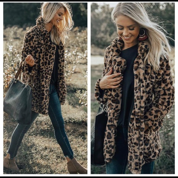 Leopard Print Pocket Coat Faux Fur Jacket - Picture 13 of 13